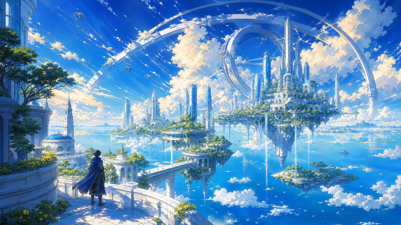 Floating white cities and orbital rings in an endless blue sky
