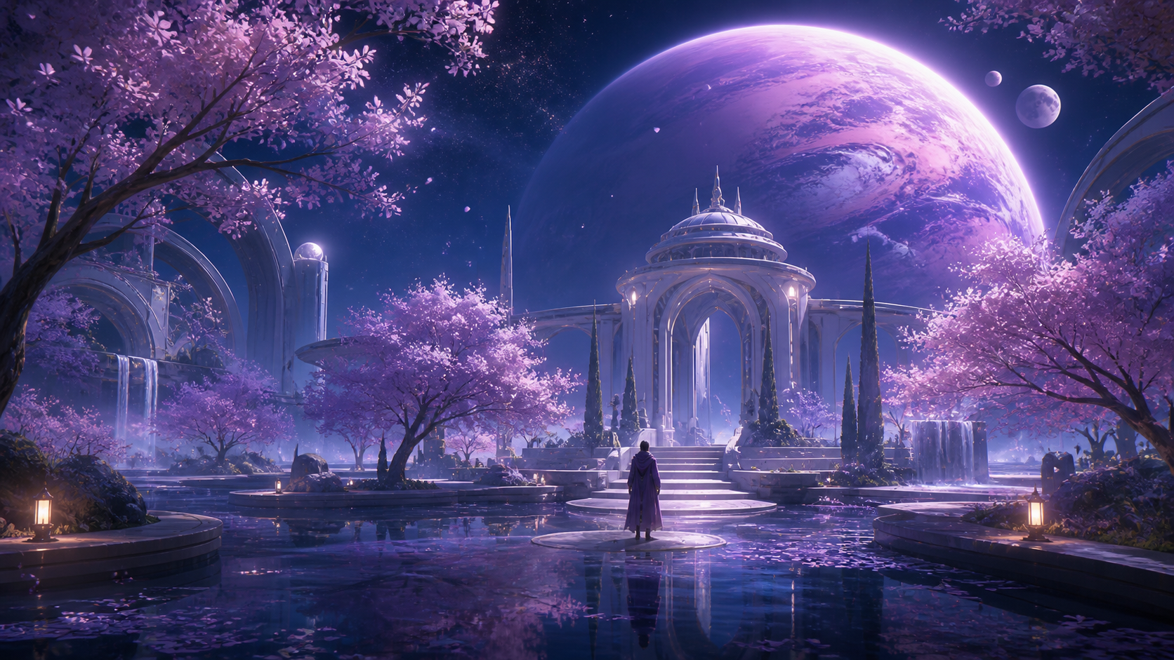 Violet moon above a luminous futuristic garden and a cloaked traveler